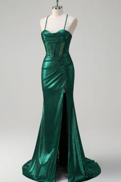 Glitter Verde Escuro Sereia Corset Ruched Vestido de Baile Metálico com Fenda