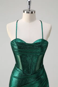 Glitter Verde Escuro Sereia Corset Ruched Vestido de Baile Metálico com Fenda