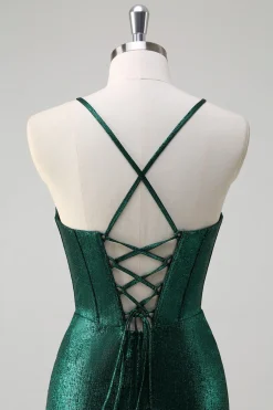Glitter Verde Escuro Sereia Corset Ruched Vestido de Baile Metálico com Fenda