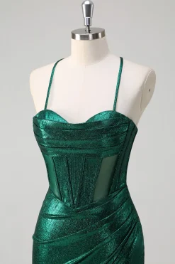Glitter Verde Escuro Sereia Corset Ruched Vestido de Baile Metálico com Fenda