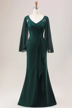 Glitter Verde Escuro Sereia Chiffon Mangas Longas Mãe do Vestido da Noiva