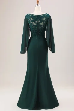 Glitter Verde Escuro Sereia Chiffon Mangas Longas Mãe do Vestido da Noiva