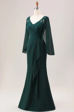 Glitter Verde Escuro Sereia Chiffon Mangas Longas Mãe do Vestido da Noiva
