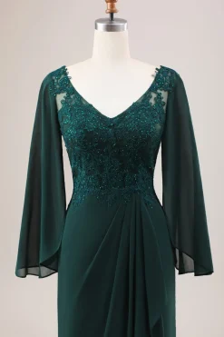 Glitter Verde Escuro Sereia Chiffon Mangas Longas Mãe do Vestido da Noiva
