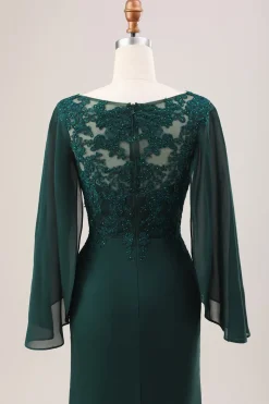 Glitter Verde Escuro Sereia Chiffon Mangas Longas Mãe do Vestido da Noiva