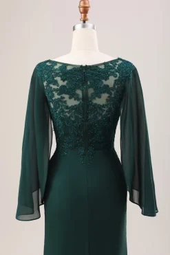 Glitter Verde Escuro Sereia Chiffon Mangas Longas Mãe do Vestido da Noiva