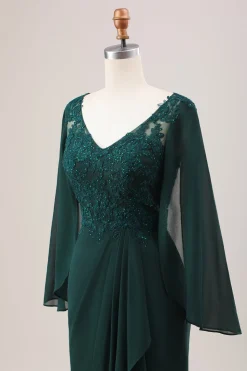 Glitter Verde Escuro Sereia Chiffon Mangas Longas Mãe do Vestido da Noiva