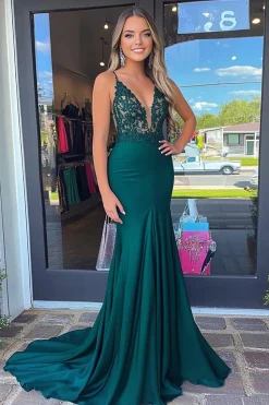 Glitter Verde Escuro Sereia Esparguete Correias Cetim Longo Vestido de Baile com Apliques