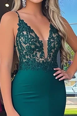 Glitter Verde Escuro Sereia Esparguete Correias Cetim Longo Vestido de Baile com Apliques