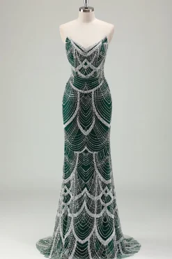 Glitter Verde Escuro Sereia Sem Alças Sequins Longo Espartilho Vestido de Baile com Missangas