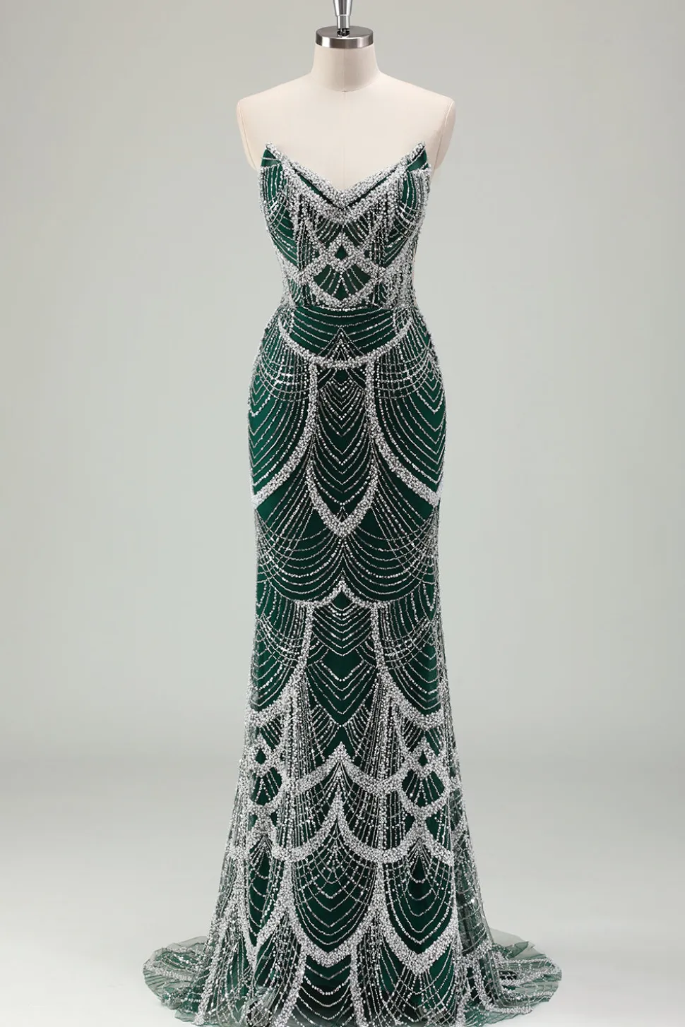Glitter Verde Escuro Sereia Sem Alças Sequins Longo Espartilho Vestido de Baile com Missangas