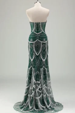 Glitter Verde Escuro Sereia Sem Alças Sequins Longo Espartilho Vestido de Baile com Missangas