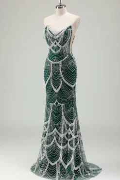 Glitter Verde Escuro Sereia Sem Alças Sequins Longo Espartilho Vestido de Baile com Missangas