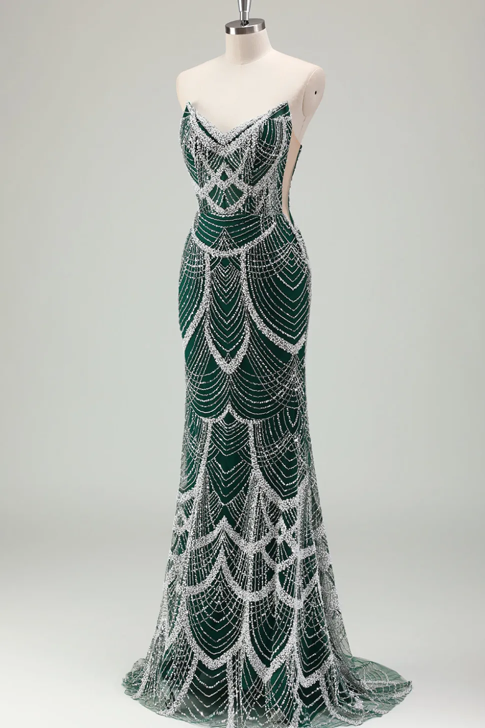 Glitter Verde Escuro Sereia Sem Alças Sequins Longo Espartilho Vestido de Baile com Missangas