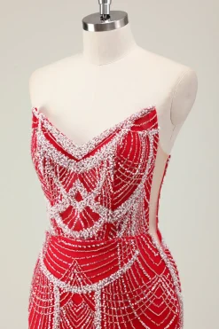 Glitter Verde Escuro Sereia Sem Alças Sequins Longo Espartilho Vestido de Baile com Missangas