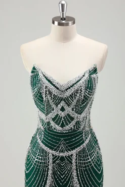 Glitter Verde Escuro Sereia Sem Alças Sequins Longo Espartilho Vestido de Baile com Missangas