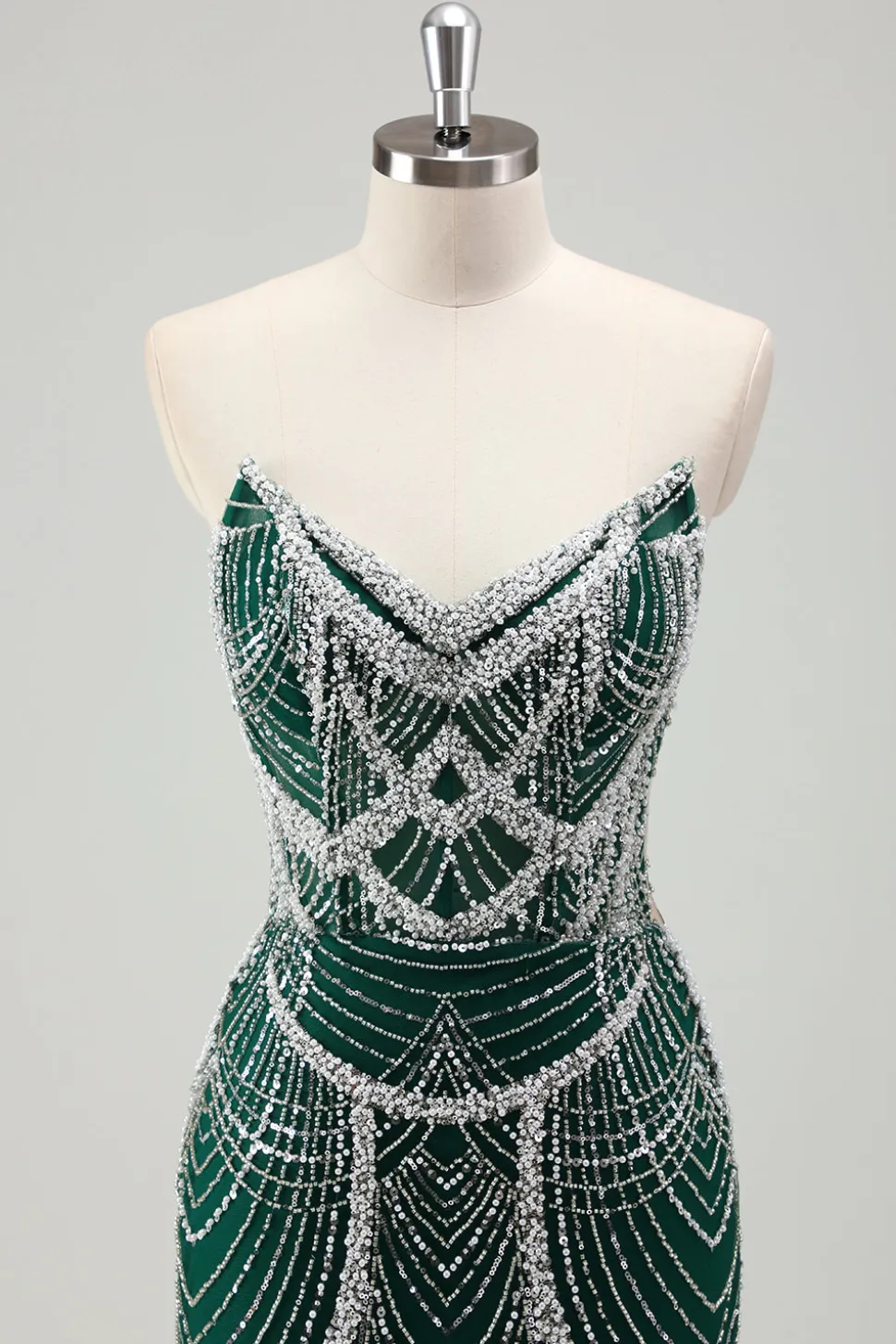 Glitter Verde Escuro Sereia Sem Alças Sequins Longo Espartilho Vestido de Baile com Missangas