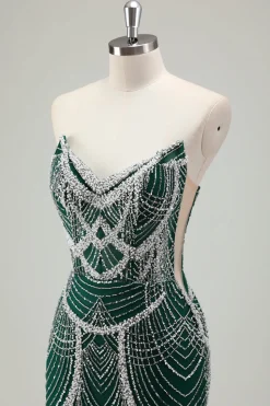 Glitter Verde Escuro Sereia Sem Alças Sequins Longo Espartilho Vestido de Baile com Missangas