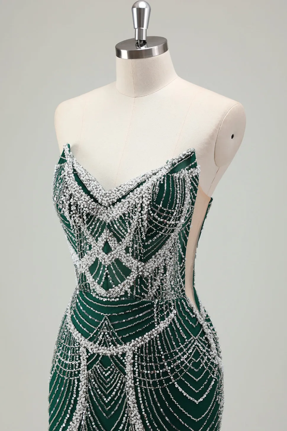 Glitter Verde Escuro Sereia Sem Alças Sequins Longo Espartilho Vestido de Baile com Missangas
