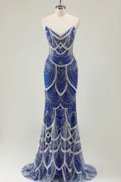 Glitter Verde Escuro Sereia Sem Alças Sequins Longo Espartilho Vestido de Baile com Missangas