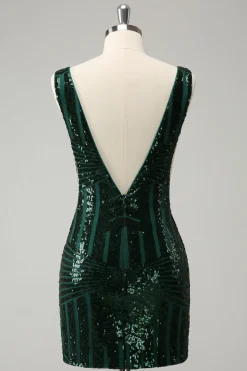 Glitter Verde Escuro V Neck Sequins Homecoming Dress com Folhos Destacáveis