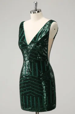 Glitter Verde Escuro V Neck Sequins Homecoming Dress com Folhos Destacáveis