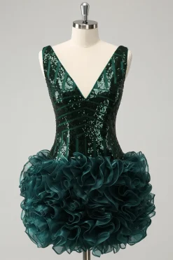 Glitter Verde Escuro V Neck Sequins Homecoming Dress com Folhos Destacáveis