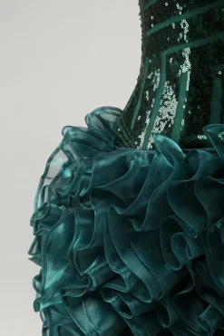 Glitter Verde Escuro V Neck Sequins Homecoming Dress com Folhos Destacáveis