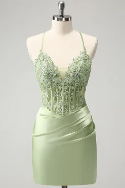 Glitter Verde Esparguete Correias Frisado Apliques Apertado Espartilho Homecoming Dress