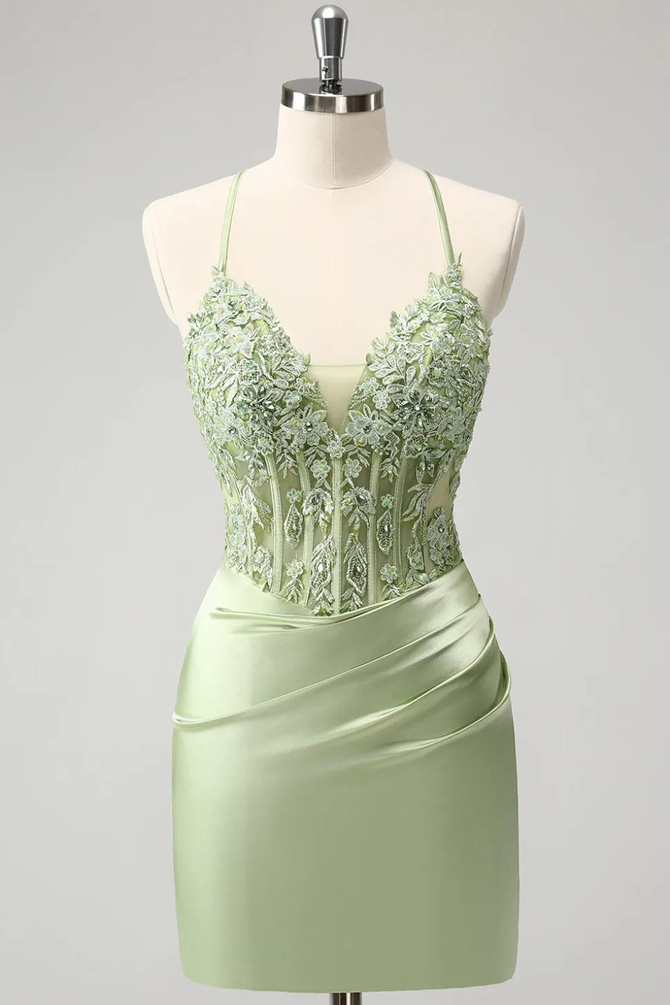 Glitter Verde Esparguete Correias Frisado Apliques Apertado Espartilho Homecoming Dress