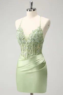 Glitter Verde Esparguete Correias Frisado Apliques Apertado Espartilho Homecoming Dress