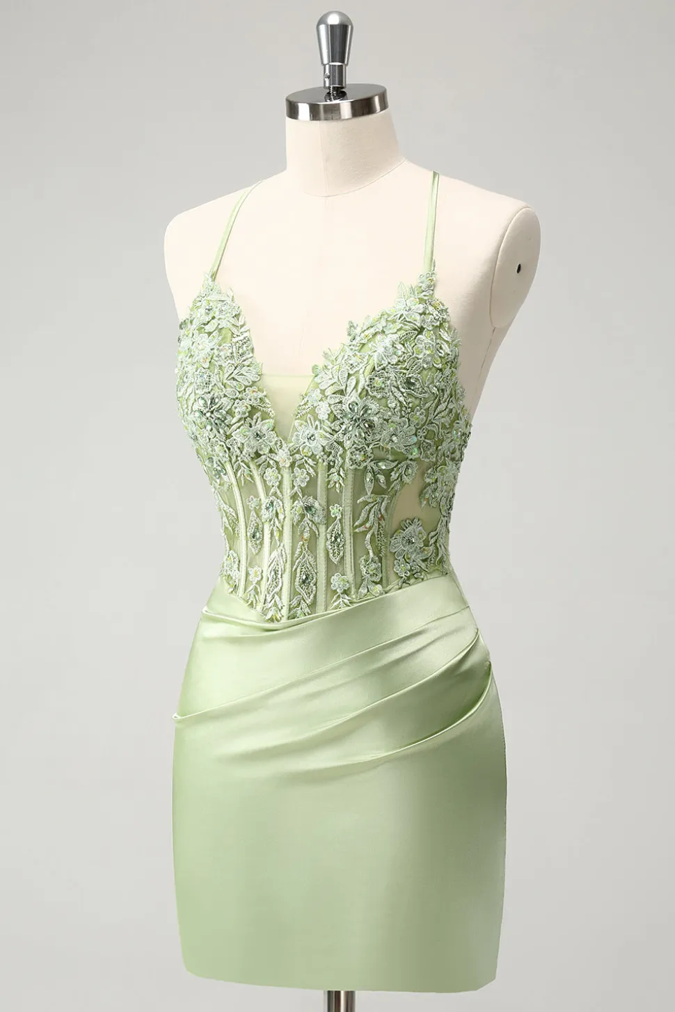 Glitter Verde Esparguete Correias Frisado Apliques Apertado Espartilho Homecoming Dress