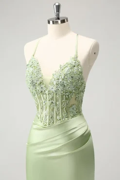 Glitter Verde Esparguete Correias Frisado Apliques Apertado Espartilho Homecoming Dress