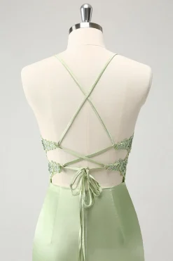 Glitter Verde Esparguete Correias Frisado Apliques Apertado Espartilho Homecoming Dress