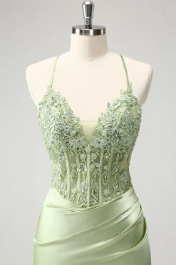 Glitter Verde Esparguete Correias Frisado Apliques Apertado Espartilho Homecoming Dress