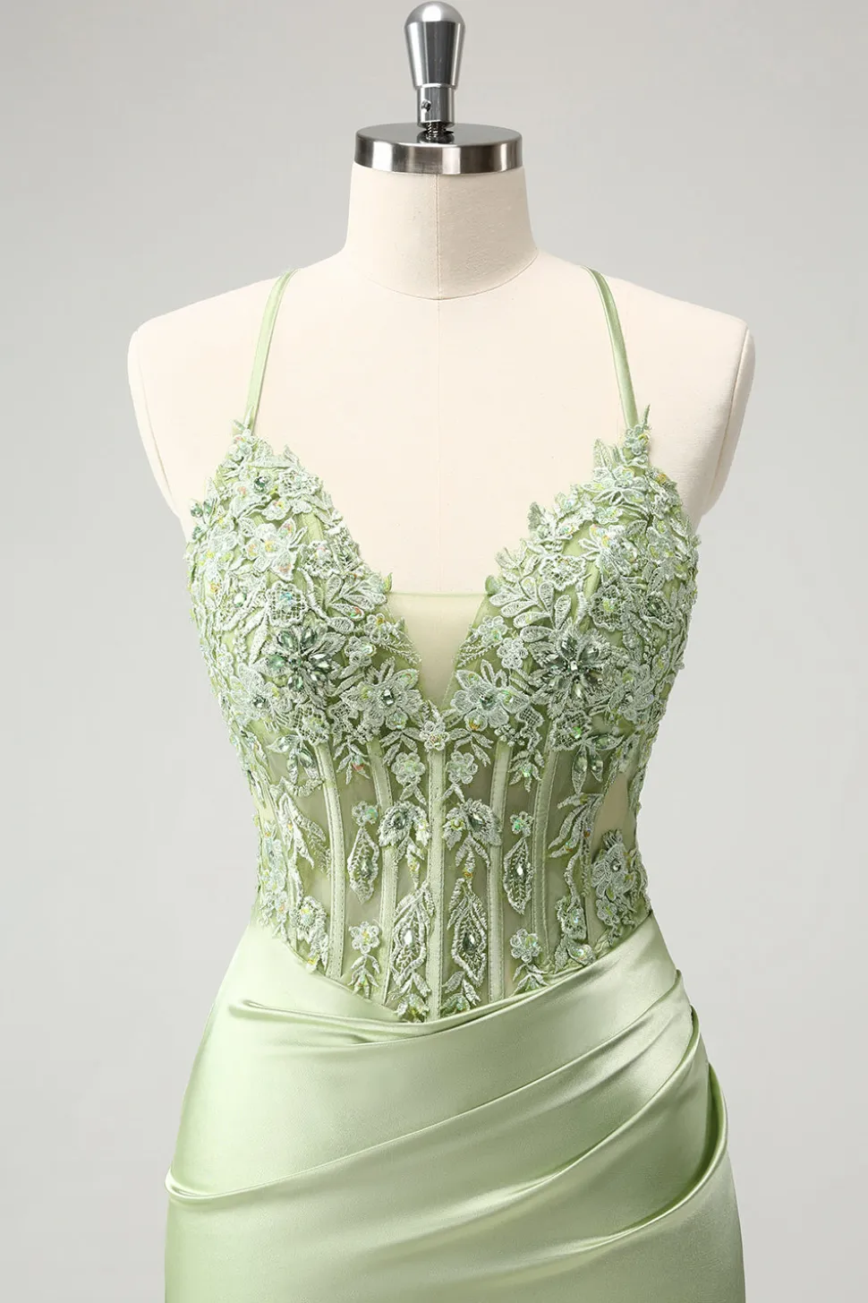 Glitter Verde Esparguete Correias Frisado Apliques Apertado Espartilho Homecoming Dress