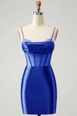 Glitter vermelho escuro frisado espartilho cetim curto homecoming vestido