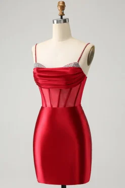 Glitter vermelho escuro frisado espartilho cetim curto homecoming vestido