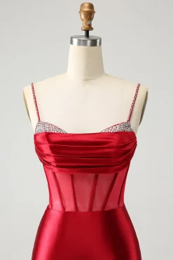 Glitter vermelho escuro frisado espartilho cetim curto homecoming vestido
