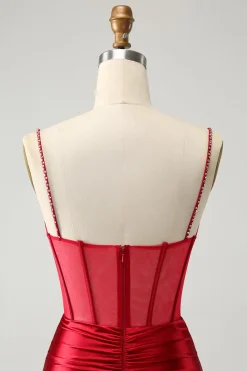 Glitter vermelho escuro frisado espartilho cetim curto homecoming vestido