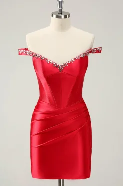 Glitter vermelho frisado fora do ombro cetim apertado homecoming vestido