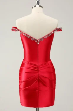 Glitter vermelho frisado fora do ombro cetim apertado homecoming vestido