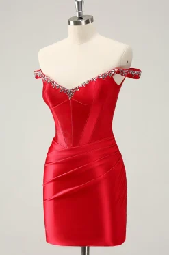 Glitter vermelho frisado fora do ombro cetim apertado homecoming vestido