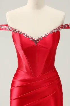 Glitter vermelho frisado fora do ombro cetim apertado homecoming vestido