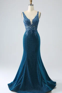 Glitter Vestido de Baile de Formatura Azul Escuro Sereia com Missangas