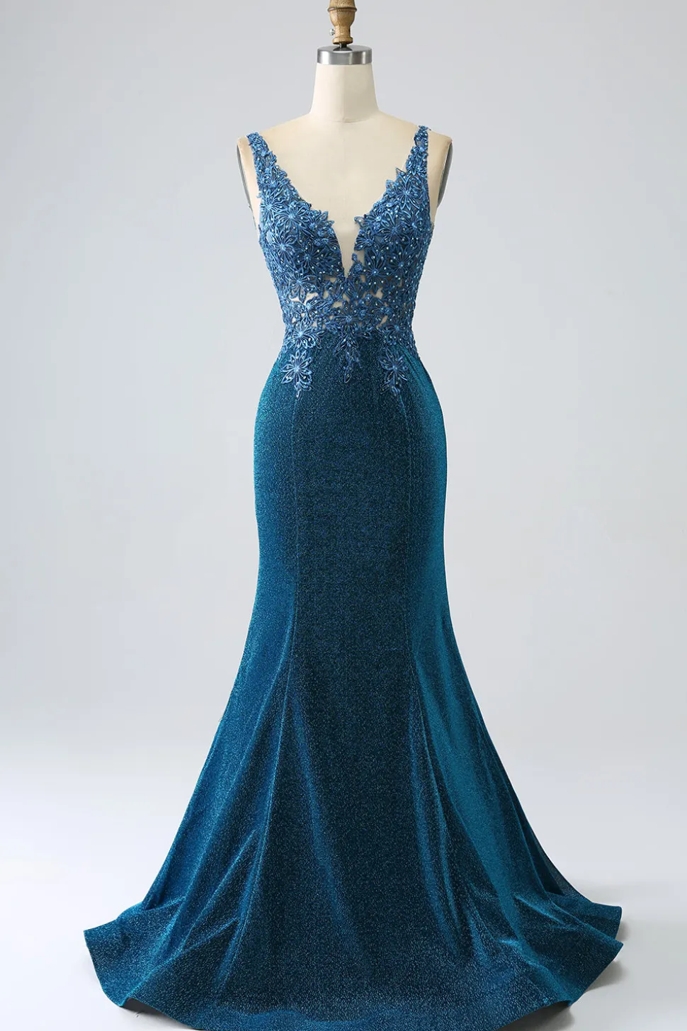 Glitter Vestido de Baile de Formatura Azul Escuro Sereia com Missangas