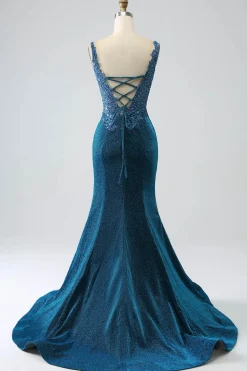 Glitter Vestido de Baile de Formatura Azul Escuro Sereia com Missangas
