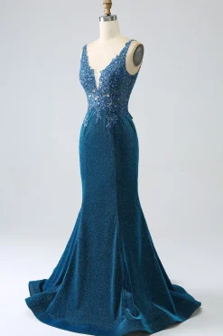 Glitter Vestido de Baile de Formatura Azul Escuro Sereia com Missangas