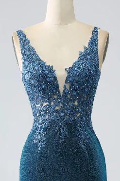 Glitter Vestido de Baile de Formatura Azul Escuro Sereia com Missangas