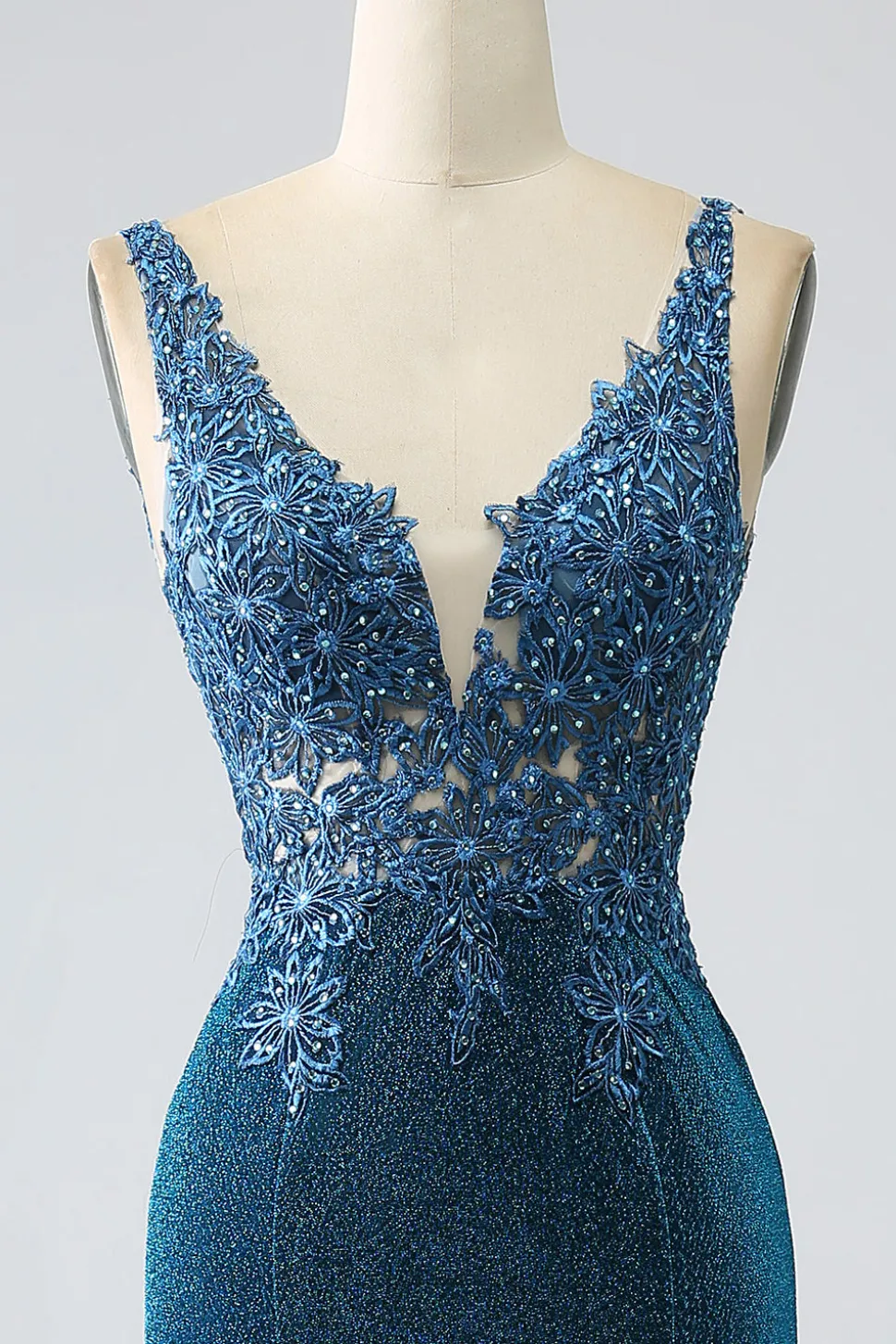 Glitter Vestido de Baile de Formatura Azul Escuro Sereia com Missangas